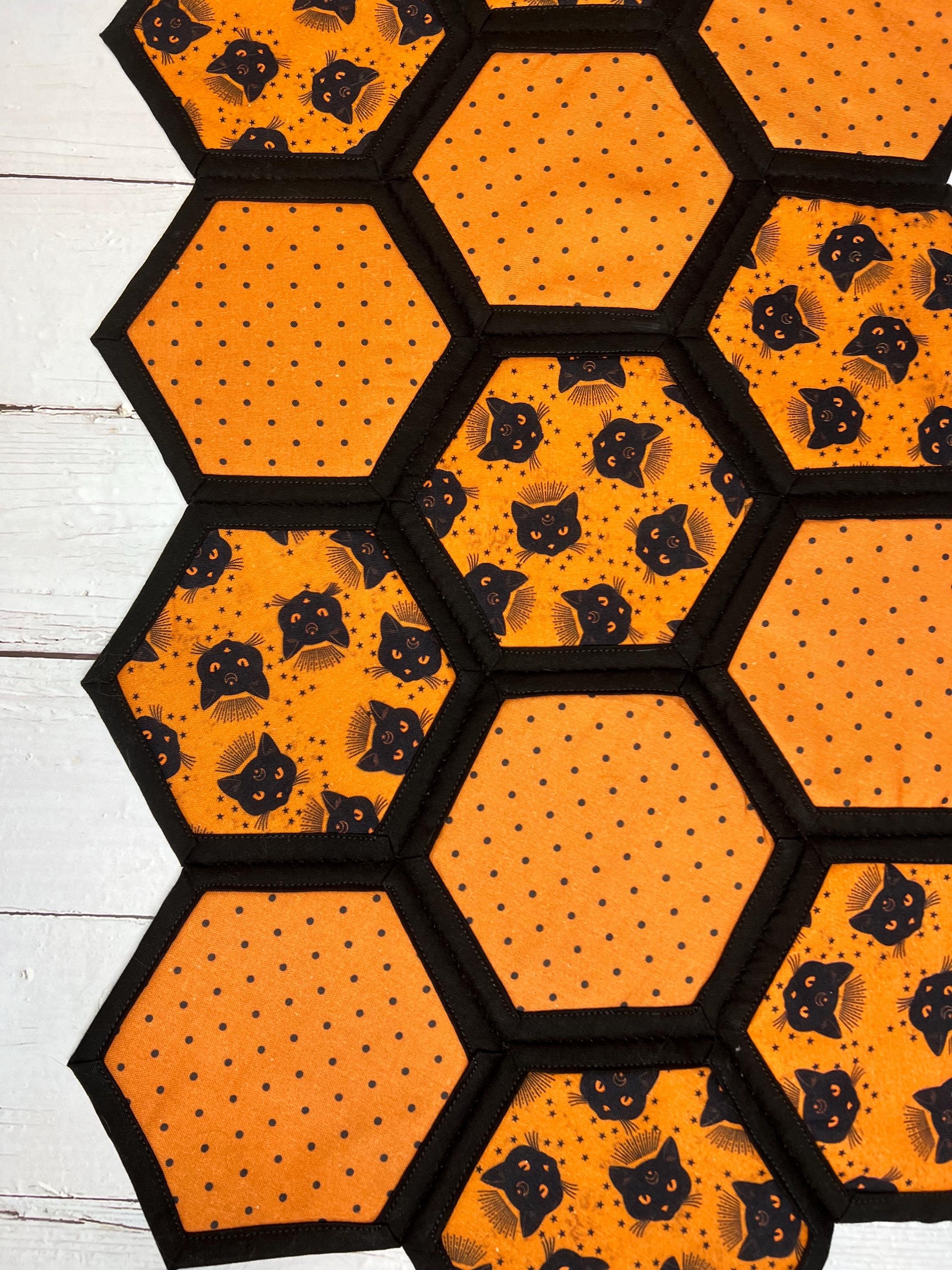 Quilted Halloween Table Runner: Black Cat & Orange Hexagon Decor - Etsy