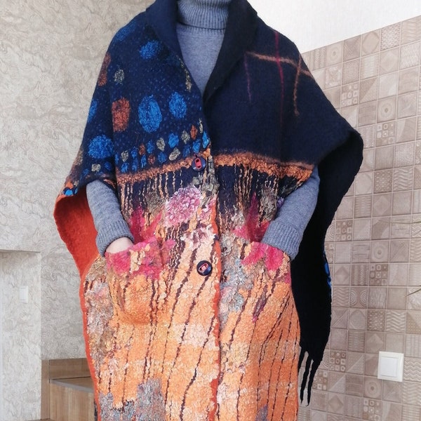 Merino wool poncho, hand felted jacket, wool cape, felted vest, vintage poncho, felted clothing,felted jacket, wool  clothing, wool cape