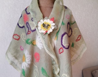 Hendfelted scarf with a brooch, felted shawl, beautiful gift for  women, merino wool scarf, nuno felting