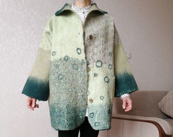 Felted green coat, merino wool coat, women  jacket,practical nuno felted coat,Designer coat, eco-fashion, handmade Sustainable felted jacket