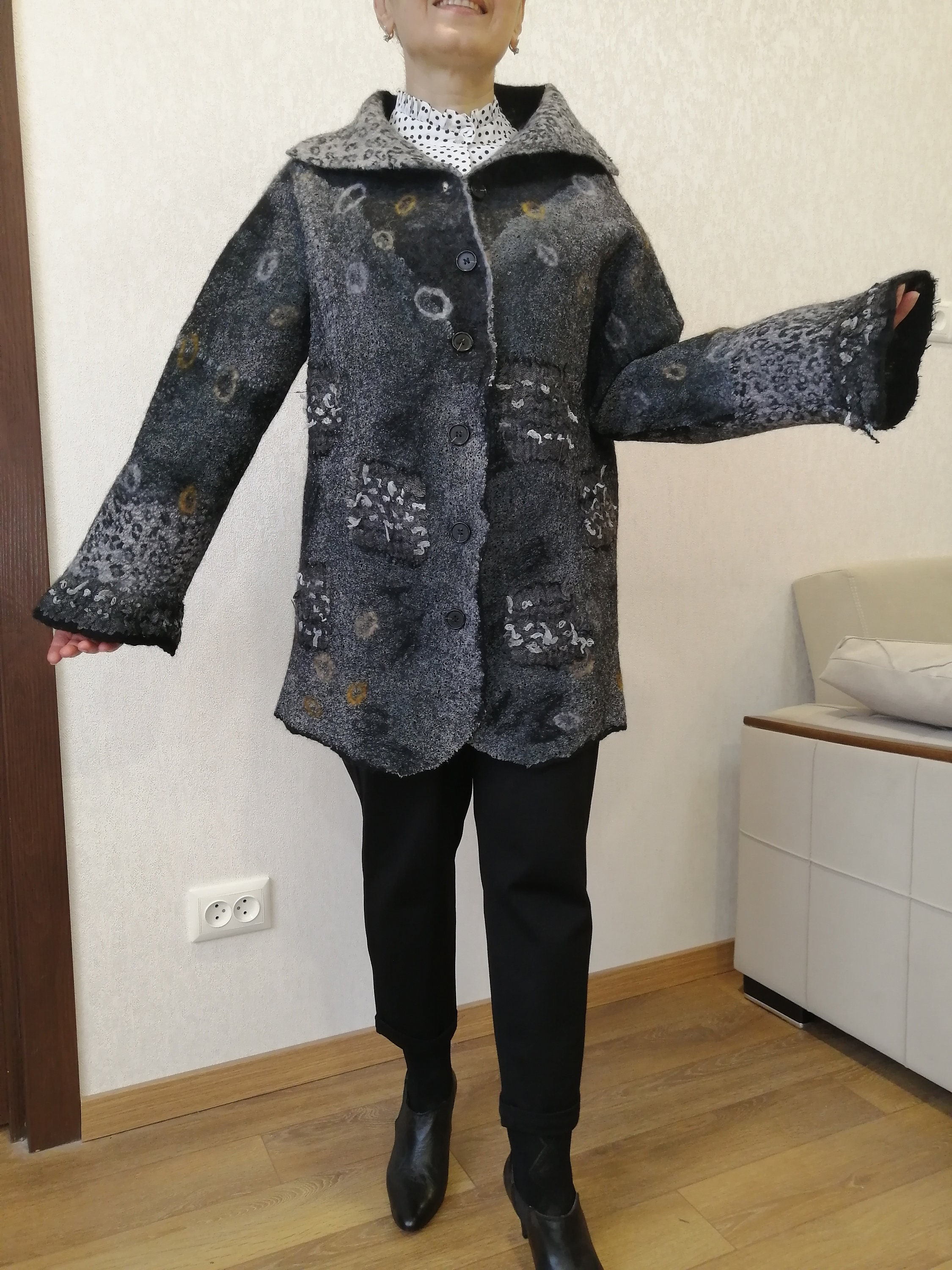 Boho Chic Felted Black-gray Coat, Women Wool Jacket, Nuno Felted Coat ...