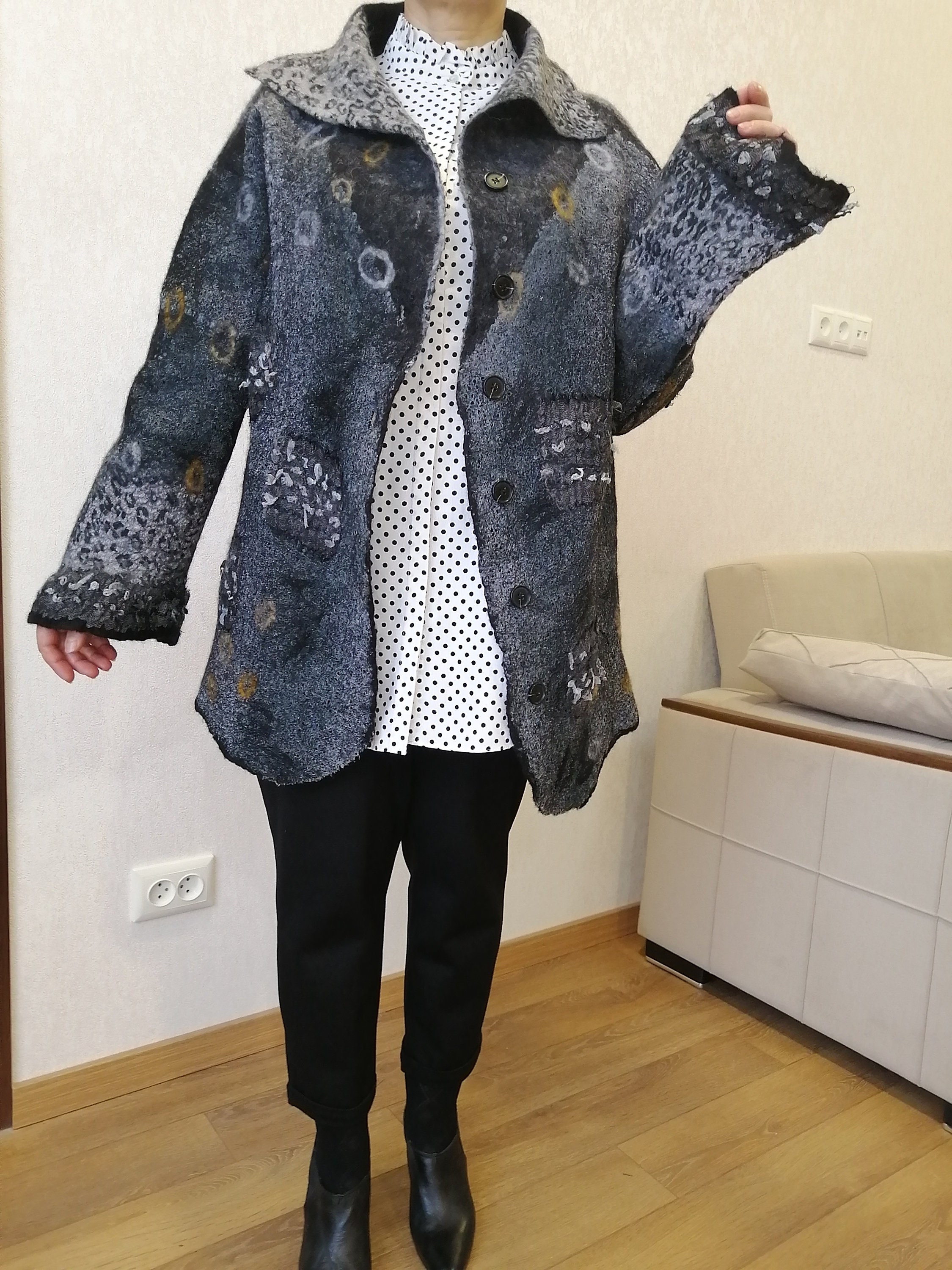 Boho Chic Felted Black-gray Coat, Women Wool Jacket, Nuno Felted Coat ...