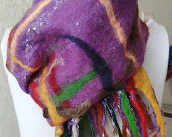 Purple felted  scarf, warm felted scarf, merino wool scarf, felted scarves, felted shawl, hand felted scarf