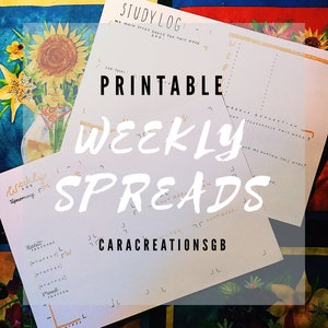 Peut inclure: Feuilles de planification hebdomadaire imprimables avec journal d'étude et suivi des habitudes. Le design présente le texte "Printable Weekly Spreads" en grand, en blanc. Le fond comprend des motifs floraux et colorés.