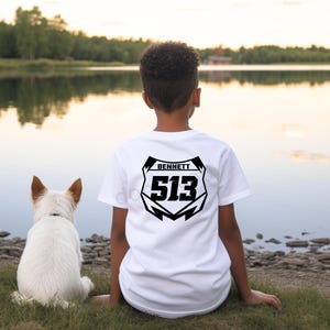 CAMISETA DE MOTOCROSS PERSONALIZADA PARA NIÑOS, Delantera y trasera, carreras, camiseta de moto, carreras de motocross, camiseta con placa de carrera, camiseta de carreras, supercross