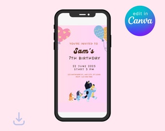 Bluey Pink Canva Birthday Invitation Template, Bluey Family Birthday, Editable Digital Canva Template Printable Personalized Invitation Card