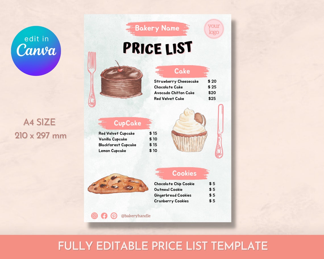 Bakery Price List Template, Editable Canva Dessert Menu, Cute Bakery