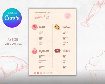 Bakery Canva Menu, Editable Canva Price List Template, Cute Bakery Menu, Cupcake Menu Template, Bakery Business Template, DIY Cafe Menu