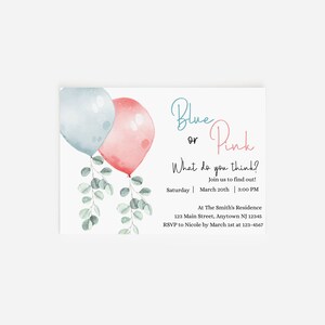 Blue or Pink, What do you think?, Gender Reveal Invitation, Boy or Girl, He or She, Balloons, Gender Reveal, Printable, Editable Design