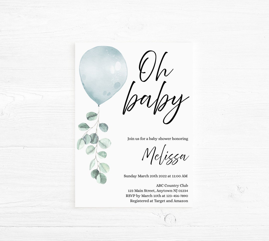 Oh Baby Blue Balloon Baby Shower Invitation, Eucalyptus and Blue