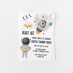 Uitnodiging voor verjaardagsfeestje van astronaut, Kid&#39;s verjaardagsfeestje uitnodiging, ruimte thema verjaardagsfeestje uitnodigt, bewerkbare ontwerp advertentie afdrukken thuis
