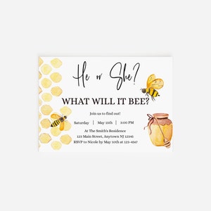 HE or SHE What Will It BEE? Gender Reveal Invitation, Bee Theme, 7x5 Invite, Editable, Template, Printable