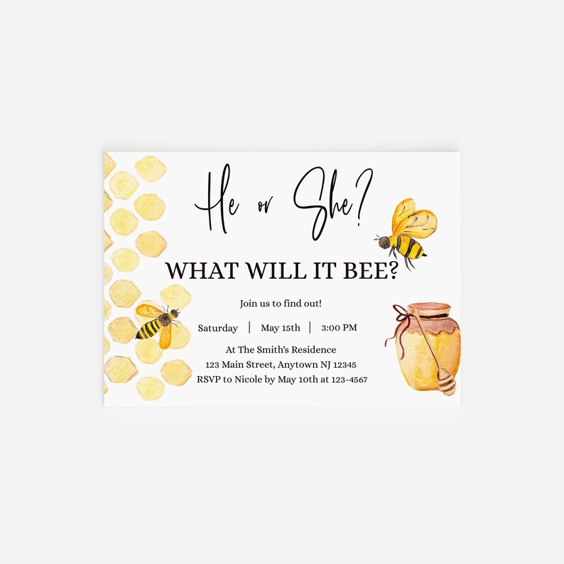 HE or SHE What Will It BEE Gender Reveal Invitation Bee Theme 7x5 Invite Editable Template Printable