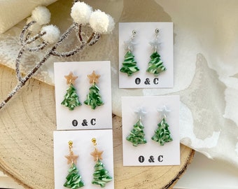 Christmas Tree Earrings | Silver Gold Handmade Polymer Clay Jewellery | Festive gift for her stocking filler idea