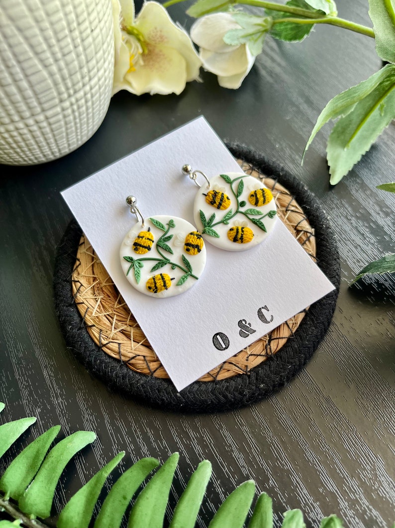 Bee Earrings Handmade Polymer Clay Jewellery Spring Insect Bumble Bee Accessory Circle Earrings Big Statement Earrings image 10