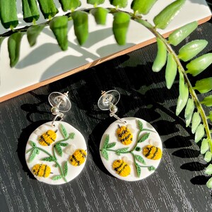 Bee Earrings Handmade Polymer Clay Jewellery Spring Insect Bumble Bee Accessory Circle Earrings Big Statement Earrings image 2