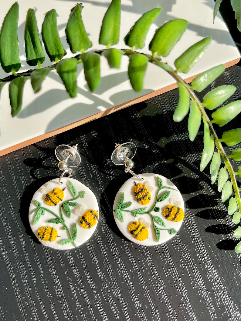 Bee Earrings Handmade Polymer Clay Jewellery Spring Insect Bumble Bee Accessory Circle Earrings Big Statement Earrings image 2