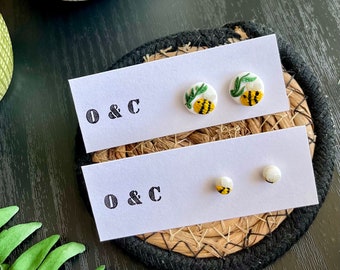 Bee Stud Earrings | Handmade Polymer Clay Jewellery | Spring Insect Bumble Bee Accessory | Circle Earrings Statement Studs
