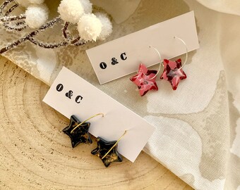 Star Hoop Earrings | Handmade Polymer Clay Jewellery | Resin Stars Christmas Navy Gold Red Pink Gift Idea