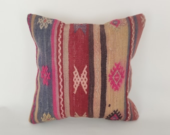 Ethnic Kilim Pillow Cover 16x16 -Throw Pillow -Vintage Pillow -Boho Cushion -Decorative Pillow -Handwoven Pillow -Oriental Pillow Cover
