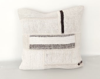 White Cream Pillow Cover 18x18 -Hemp Pillow -Turkish Kilim Pillow -Vintage Pillow -Decorative Pillow -Sofa Cushion -Striped Pillow Case