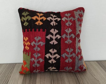Embroidered Pillow Cover 16x16 -Accent Throw Pillow -Red Black Pillow -Tribal Pillow -Kilim Pillow -Turkish Pillow -Vintage Pillow For Couch