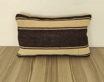 Brown Beige Throw Pillow 12x20 -Lumbar Pillow -Wool Pillow -Living Roam Decor Pillow -Pillow For Couch -Vintage Pillow-Handwoven Pillow Case
