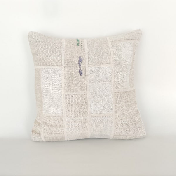White Beige Hemp Pillow Cover 20x20 -Kilim Pillow -Handwoven Pillow -Anatolian Pillow -Farmhouse Pillow -Turkish Pillow -Pillow For Couch