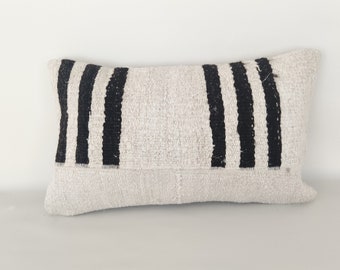 Hemp Pillow Cover 12x20 -Decorative Pillow -Striped Pillow -White Cream Pillow -Decorative Pillow -Farmhouse Pillow -Kilim Pillow Cover