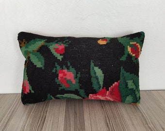 Rose Kilim Pillow Cover 12x20 -Qarabagh Pillow -Unique Pillow -Special Pillow -Handwoven Pillow -Vintage Throw Pillow -Lumbar Pillow Cover