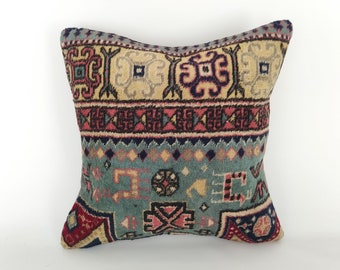 Vintage Kilim Pillow Cover, 20x20 Boho Ethnic Cushion, 1970s Wool Anatolian Rug Design
