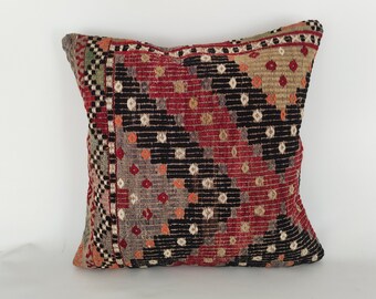 Antique Pillow Cover 20x20 -Decorative Pillow -Ethnic Cushion -Embroidered Pillow -Turkish Kilim Pillow -Vintage Pillow -Kilim Pillow Cover
