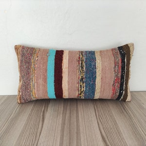 Fodera per cuscino lombare 12x24 - Cuscino tessuto a mano - Cuscino Kilim - Cuscino beige blu - Cuscino a righe - Cuscino rustico - Fodera per cuscino vintage