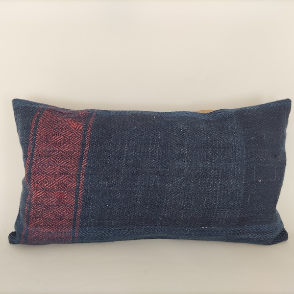 Navy Orange Lumbar Pillow 16x28, Long Lumbar Pillow, Pillow For Bed, Handwoven Pillow, Long Pillow For Couch, Striped Throw Pillow