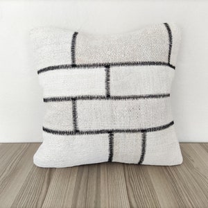 White Hemp Pillow 20x20 -Black Striped Pillow -Throw Pillow -Pillow For Couch -Kilim Pillow -Turkish Handwoven Pillow -Patchwork Pillow