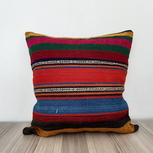 Colorful Pillow Cover 16x16-Throw Pillow Cover-Stripe Pillow Cover-Couch Pillow Cases-Handmade Woven-Kilim Cushion Cover-Boho Decor Pillow