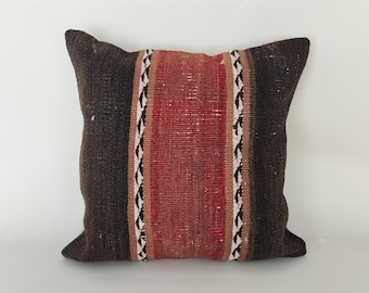 Funda de almohada Kilim tejida a mano vintage, 16x16, estilo bohemio para sofá, alfombra turca de lana de los años 70.