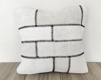 Vintage Hemp Pillow Cover 20x20 – Black Striped Turkish Kilim
