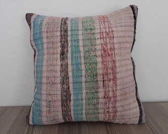 Vintage Kilim Pillow Cover, 1970s Turkish Rug, Handwoven Boho Throw, 16x16