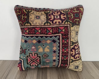 Turkish Rug Pillow Cover 20x20 -Throw Pillow -Patterned Pillow -Antique Pillow For Couch -Floral Pillow -Blue Beige Pillow -Handwoven Pillow