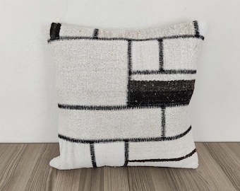 Hemp Pillow Cover 20x20 -Decorative Pillow -Handwoven Pillow -Kilim Pillow -Farmhouse Pillow -Vintage Pillow -Black Striped Pillow For Couch