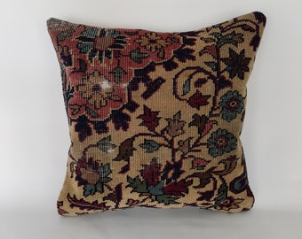 Vintage Kilim Pillow Cover, Handwoven Turkish Rug, 20x20