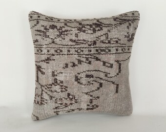Vintage Turkish Rug Pillow Cover, Boho Throw Pillow (16x16)