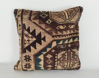 Vintage Turkish Kilim Pillow Cover, Handwoven Wool Rug Pillow, 20x20
