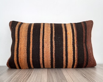 Striped Lumbar Pillow 12x20, Orange Black Pillow, Anatolian Pillow, Kilim Pillow, Boho Throw Pillow, Handwoven Pillow, Farmhouse Pillow Case