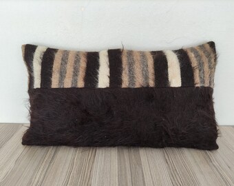 Natural Wool Pillow Cover 16x28 -Beige Brown Pillow -Striped Pillow -Large Throw Pillow -Handwoven Pillow -Decorative Pillow Cover For Couch
