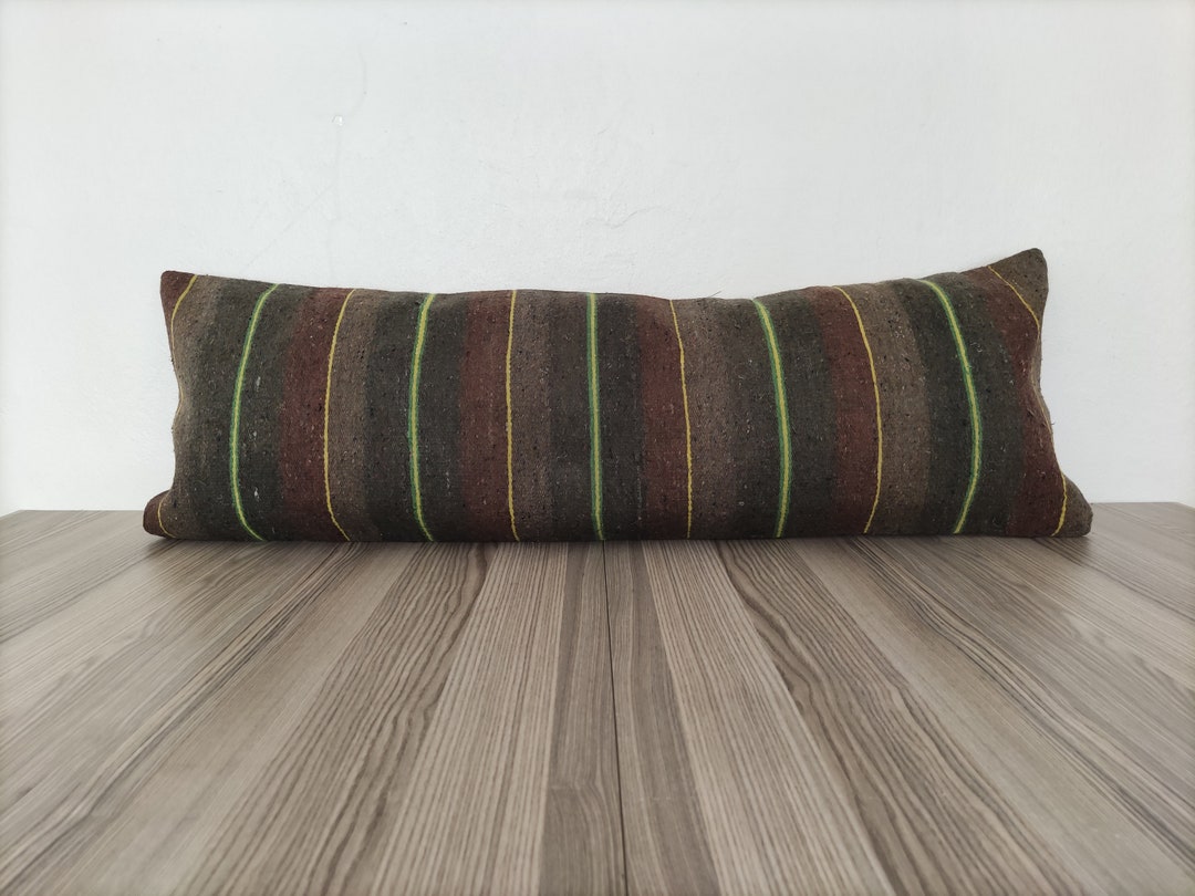 Gray Brown Lumbar Pillow Cover 14x40 green Yellow Striped Pillow
