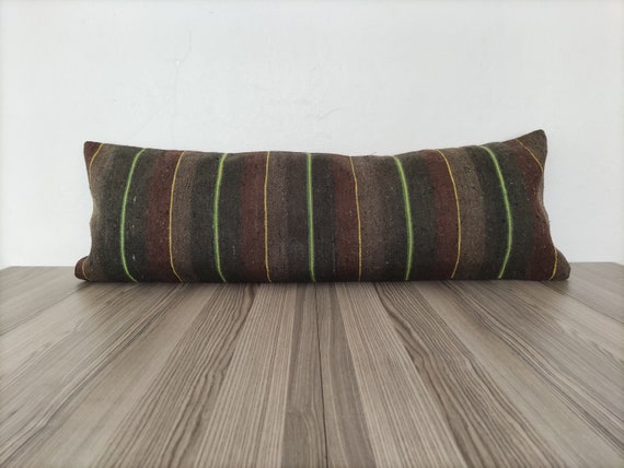 Gray Brown Lumbar Pillow Cover 14x40 green Yellow Striped Pillow vintage Pillow extra Long Lumbar Pillow turkish Kilim Pillow bed Pillow Etsy