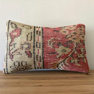 Vintage Turkish Rug Pillow Cover 12x20 – Embroidered Wool Lumbar Pillow