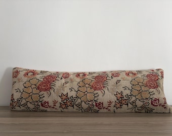 Vintage Turkish Rug Pillow Cover, Handwoven Kilim Lumbar Pillow (14x44)